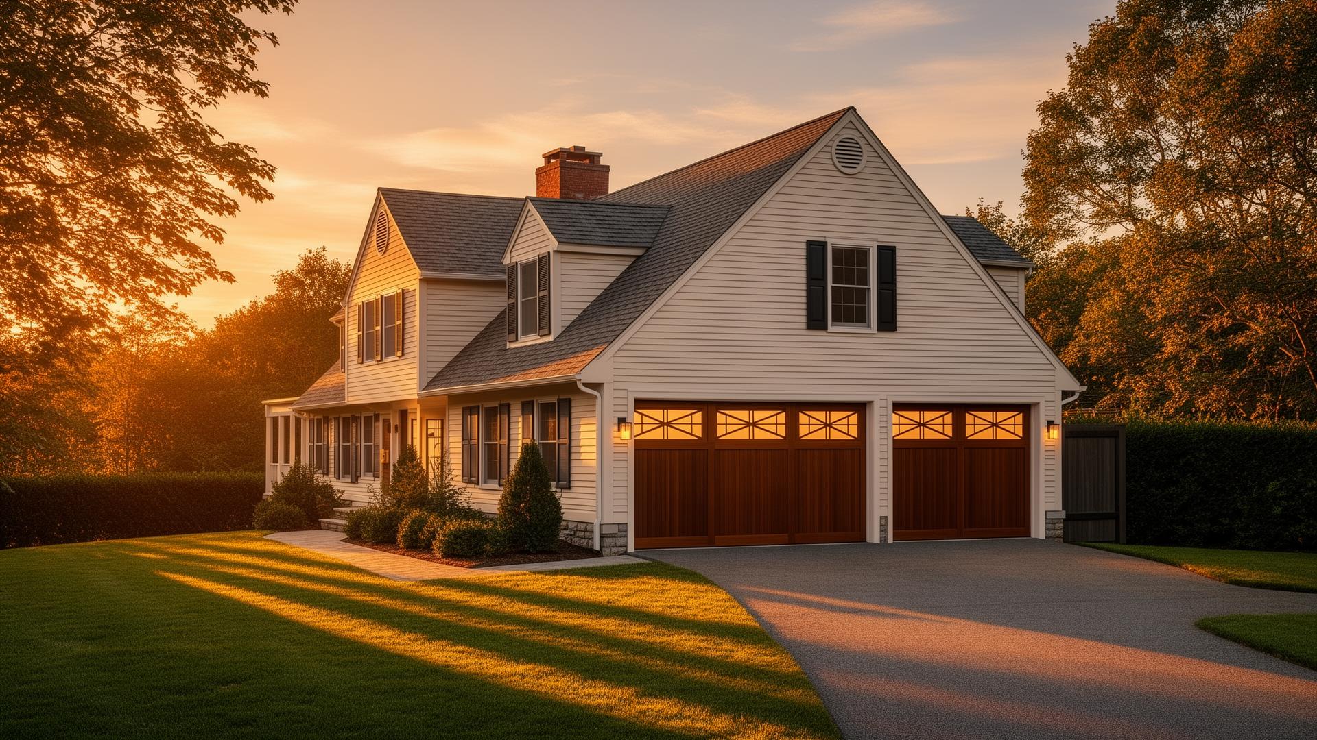 Beautiful mid-century modern garage door with geometric window patterns at sunset